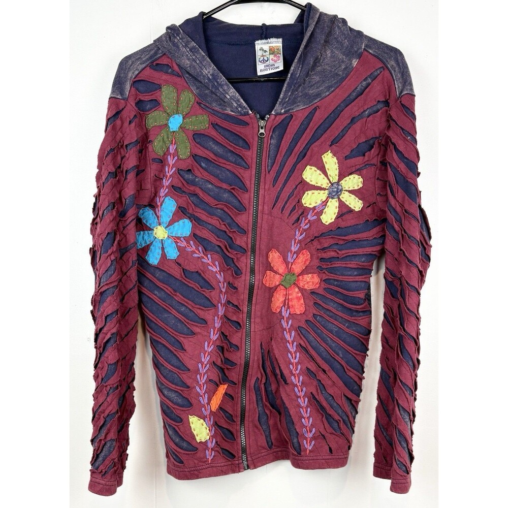 Women's Zip-Up Large Sweatshirt India Boutique Hippie Deadhead Applique Floral - Picture 10 of 11